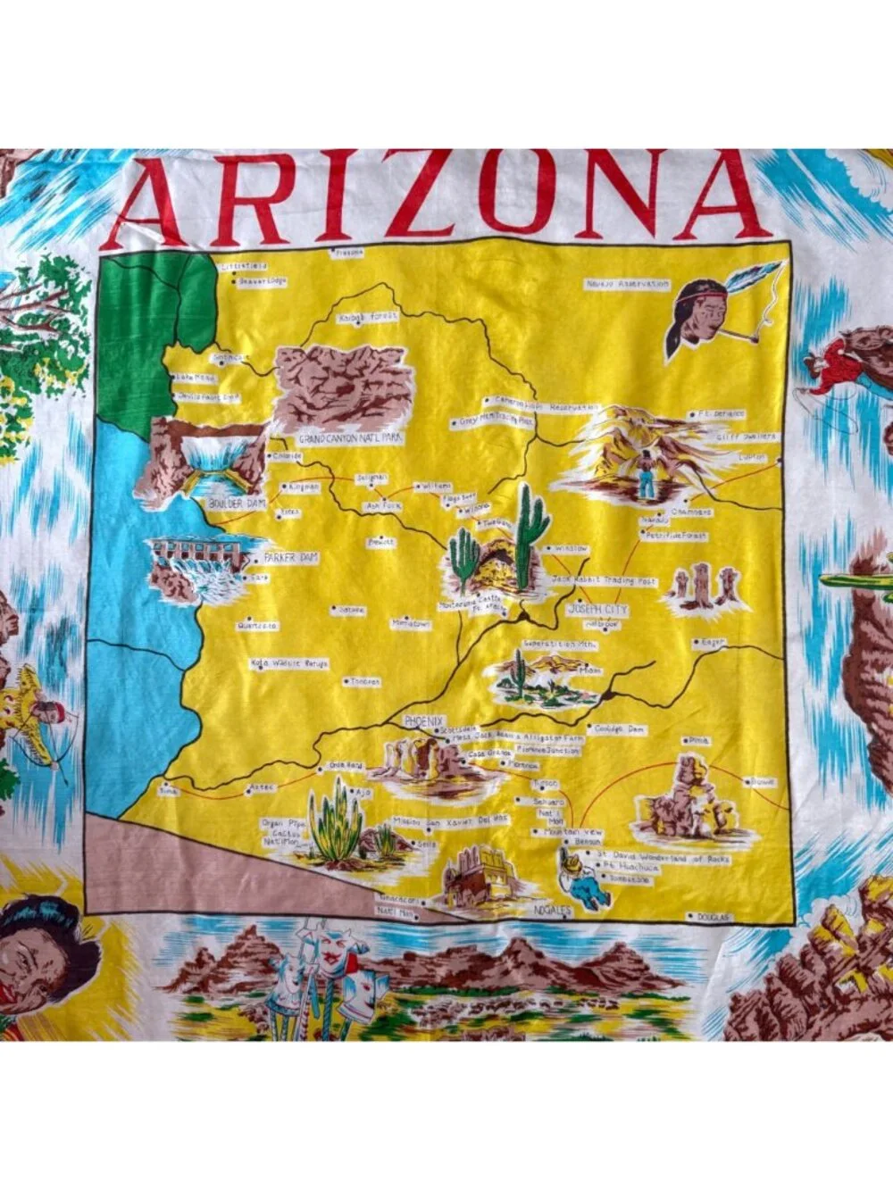 Vintage Arizona Souvenir Map Scarf Silk Blend Pink Border Hand Rolled Hem Japan